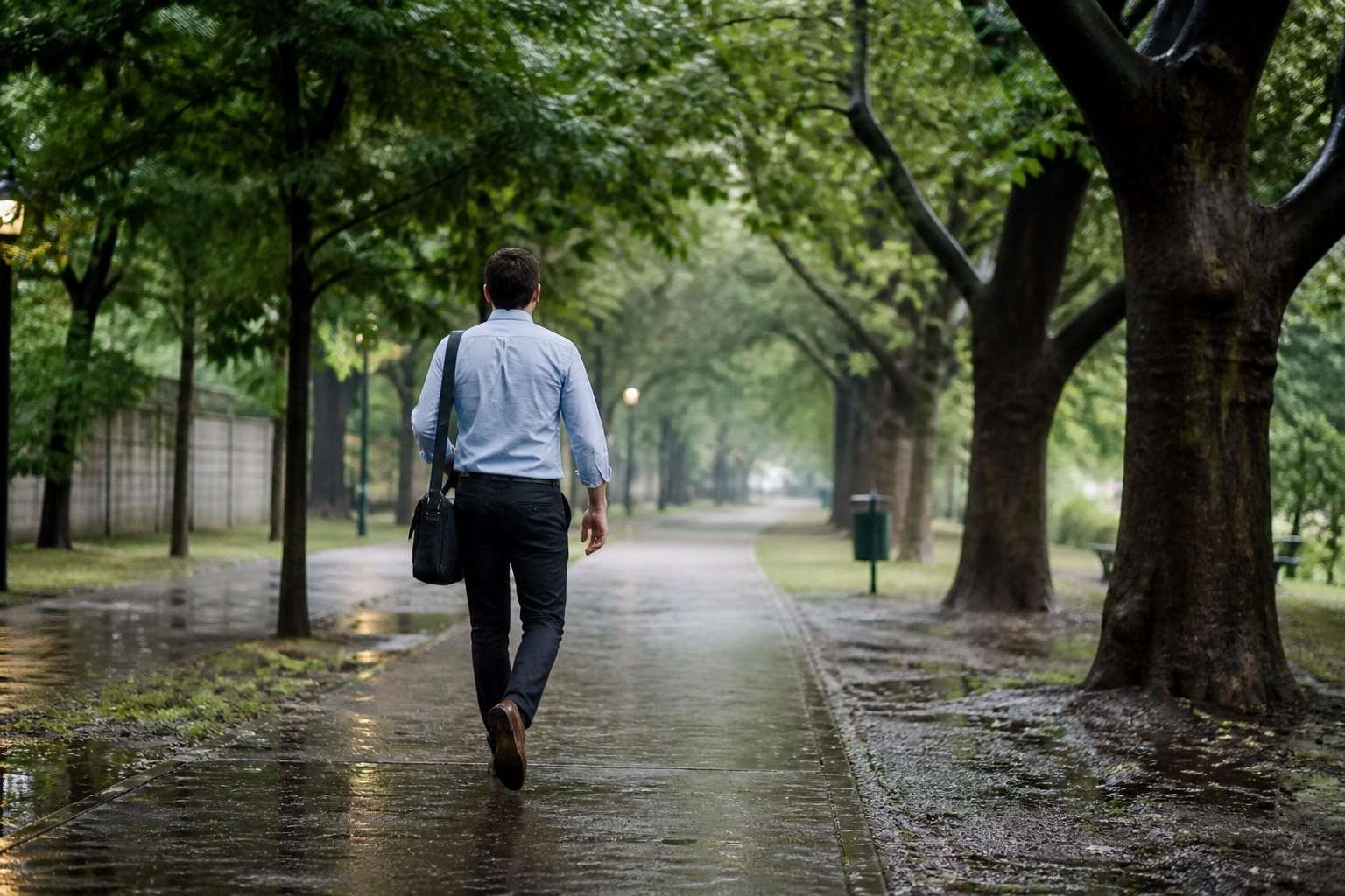 Persona caminando a paso vivo por un parque después del trabajo